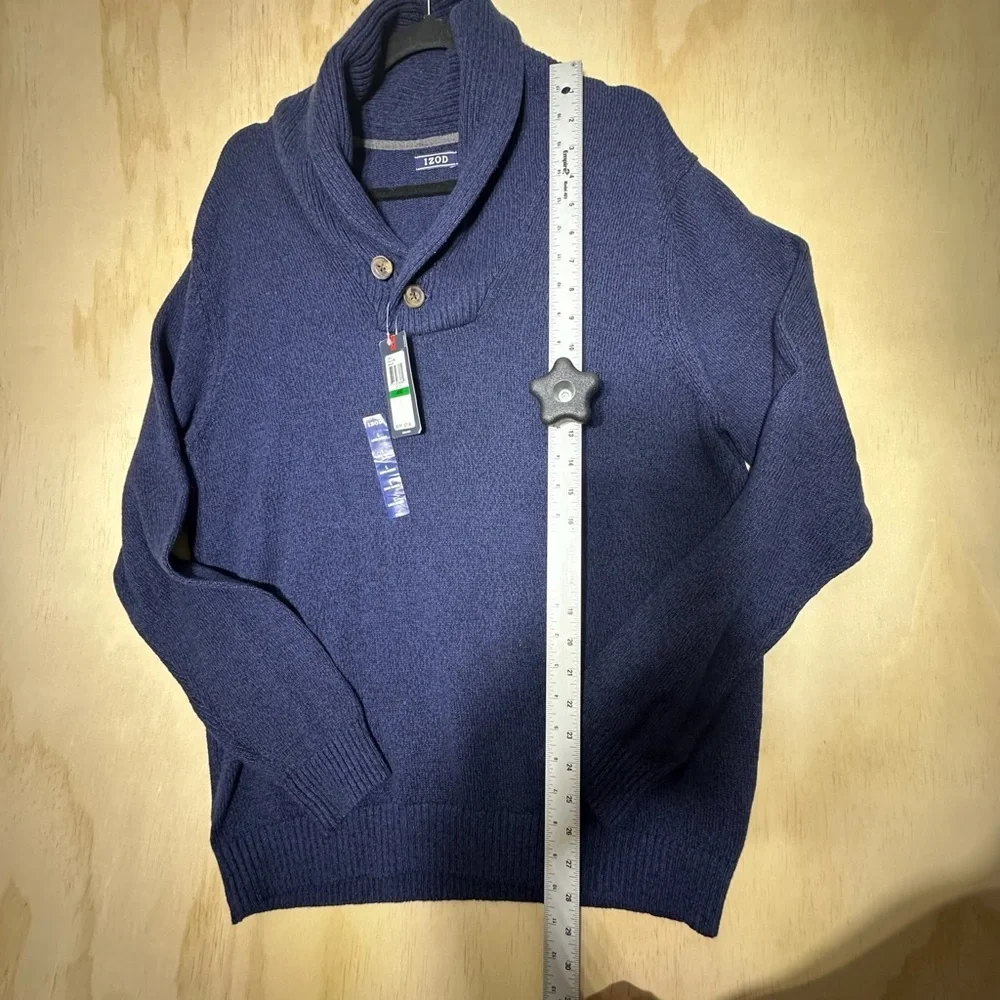 NWT Izod‎ Men’s Knit Shawl Neck Pullover Sweater Size Large Navy Blue Cotton